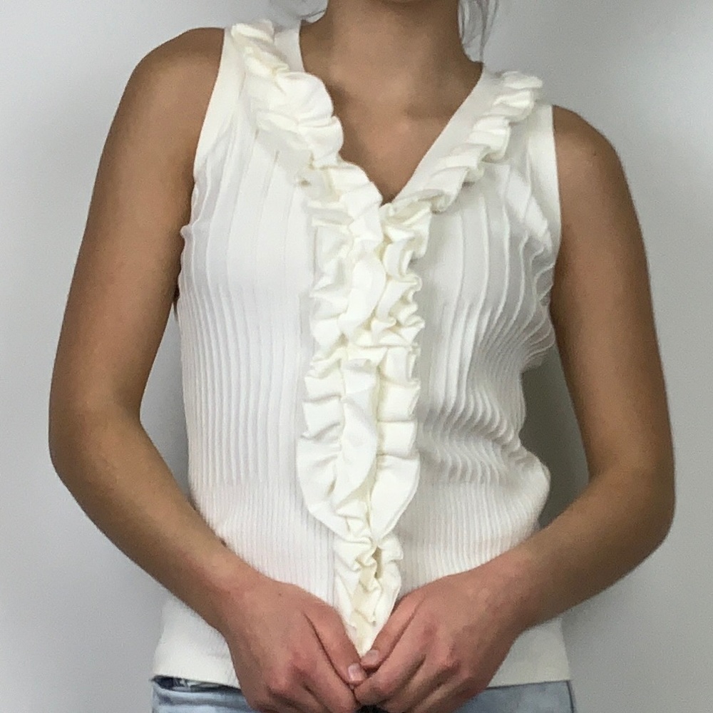 Tracy M Ruffle Button V Neck Ribbed Knit Tank